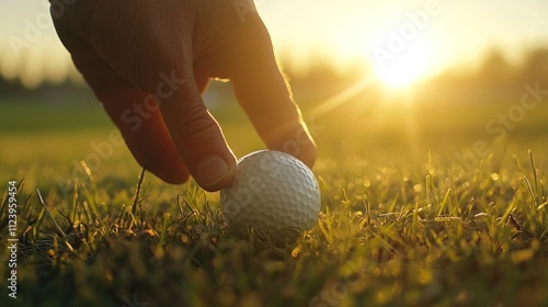 Hand picking up golf ball at sunset on green grass.