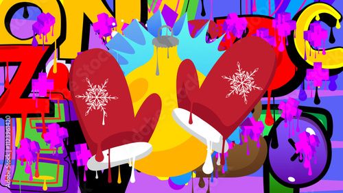 Mitten Glove and Christmas decoration ball graffiti. Abstract modern street art decoration performed in urban painting style.