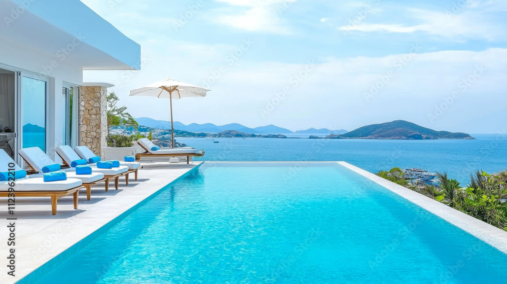 Fototapeta premium Terrace in villa with swimming pool clear blue water with stunning sea view and sky