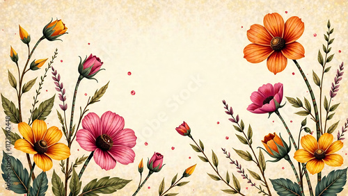 Luxurious vintage design featuring crayon-drawn wildflowers and golden foliage in a seamless pattern