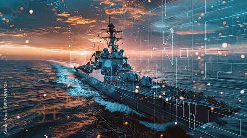 Modern Navy Destroyer at Sunset with Network Overlay, Representing Digital Warfare