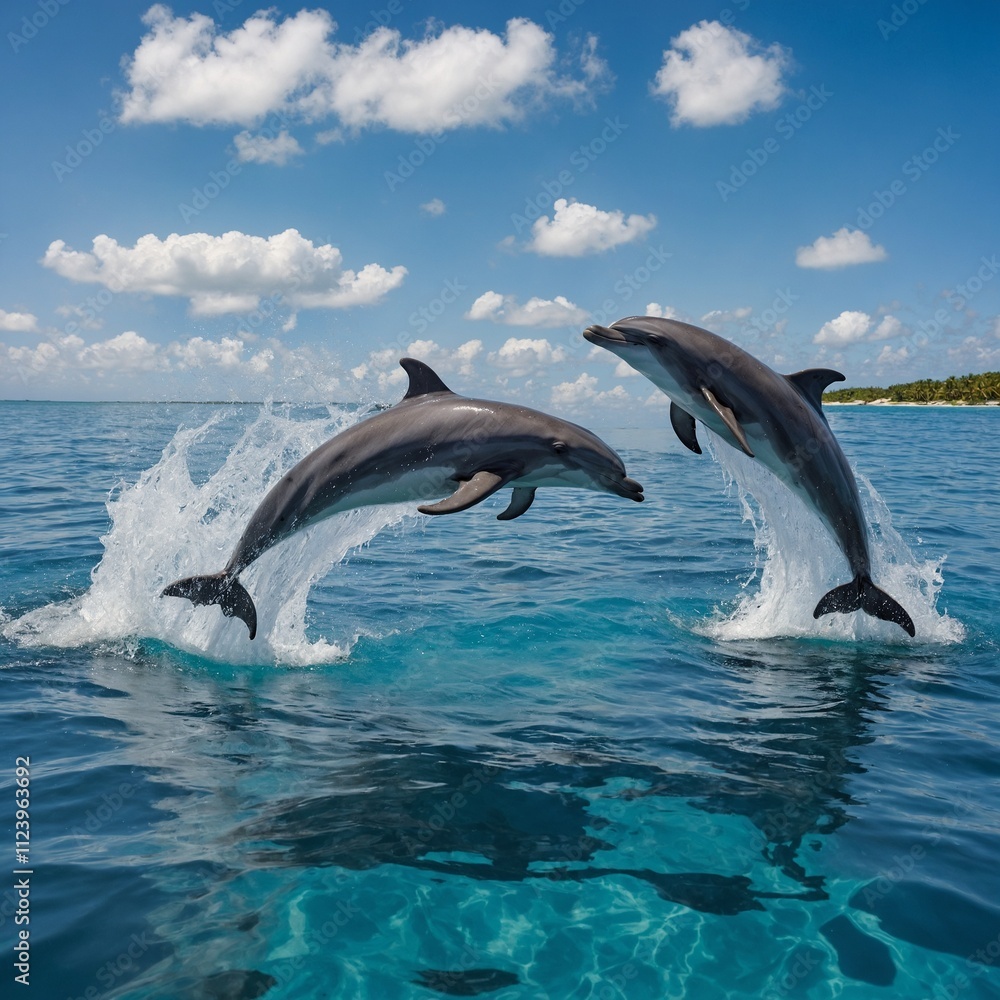 Obraz premium A playful group of dolphins jumping out of crystal-clear ocean water.