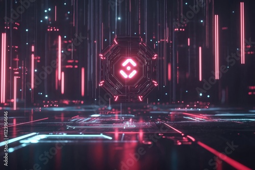 Futuristic digital landscape with glowing neon elements in a dark environment