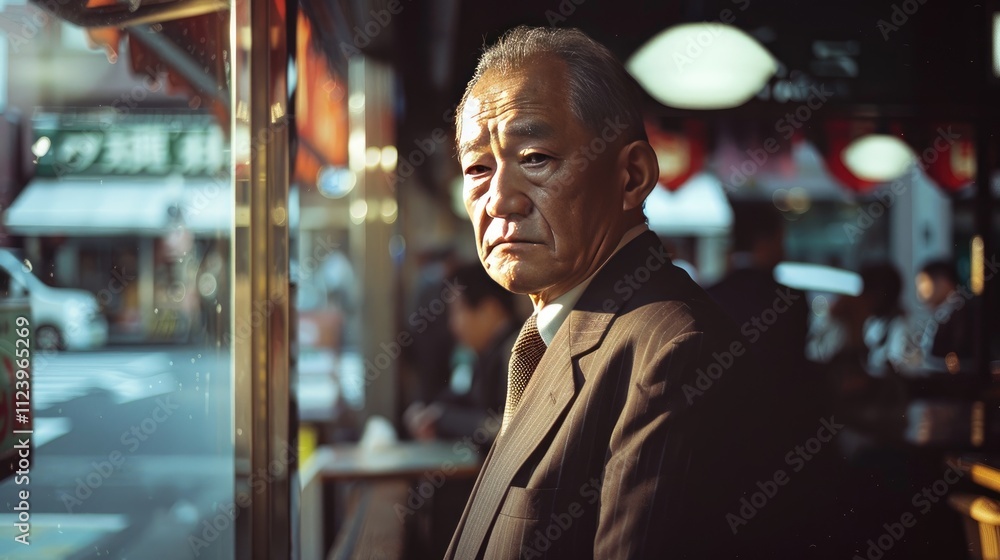 Obraz premium Elderly Man Contemplative Pose City Street Background