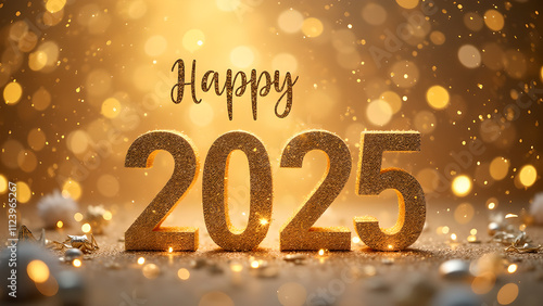 Happy New Year 2025 golden glitter text and numbers. Concept of celebration, holiday, and new beginnings.