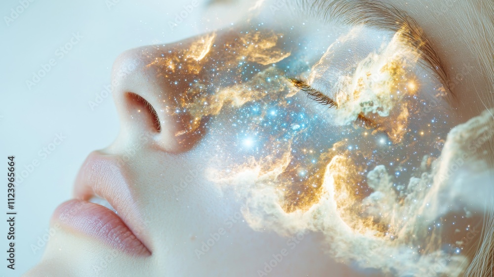 Fototapeta premium Cosmic visionyoung thinker amidst vibrant galaxies dreamlike portrait ethereal environment introspective perspective