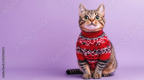 Wallpaper Mural Adorable tabby cat wearing a festive red sweater posing against a soft pastel purple background for winter celebrations Torontodigital.ca