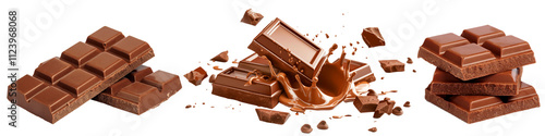 chocolatina en varias presentaciones cuadro de chocolate con splash derretido de chocolate aislado sobre fondo transparente png alta resolución editable alta calidad 