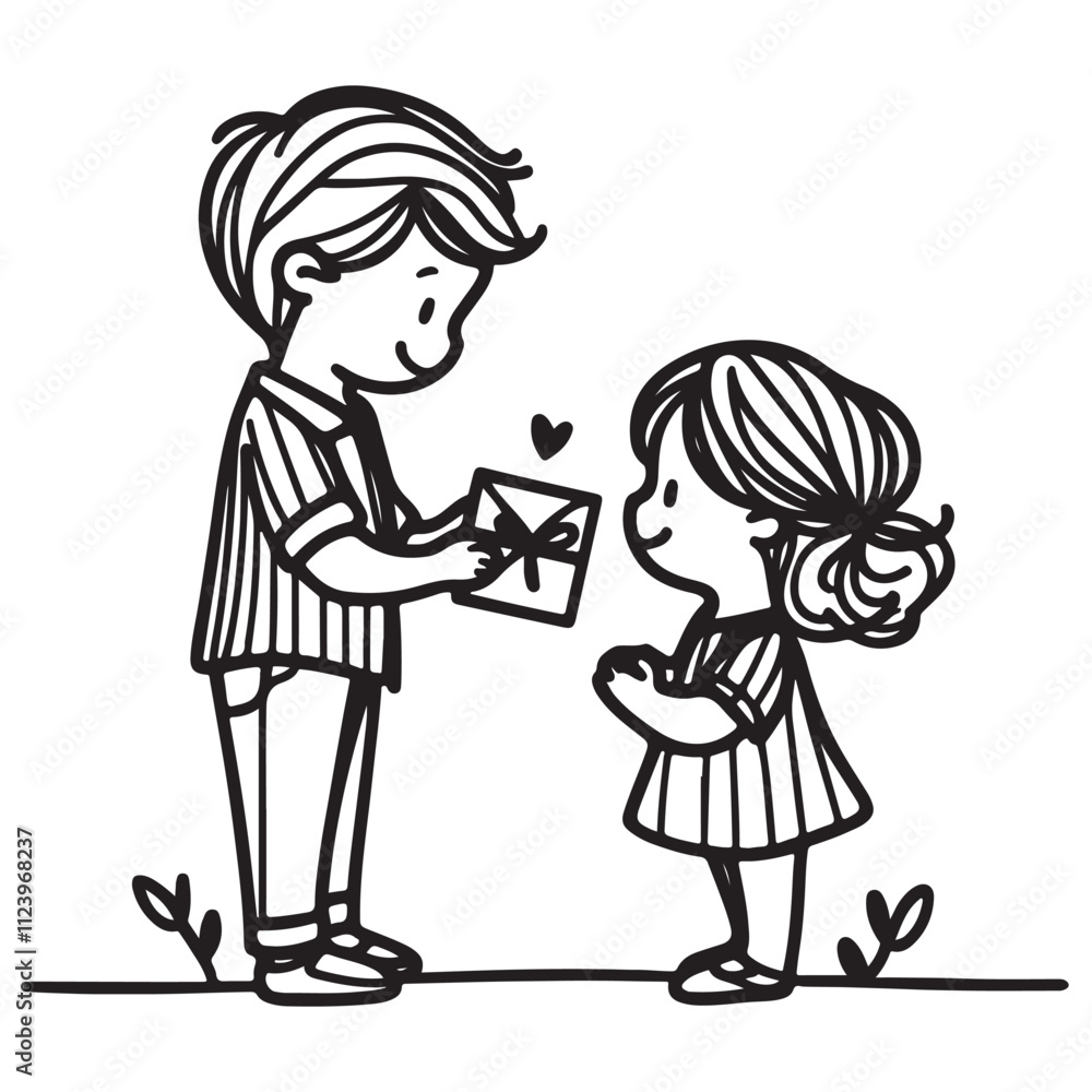 One continuous single drawing black line art doodle of a child presenting a handmade card to their mother on holiday One continuous single drawing black line art doodle of a child presenting a handmade card to their mother on holiday