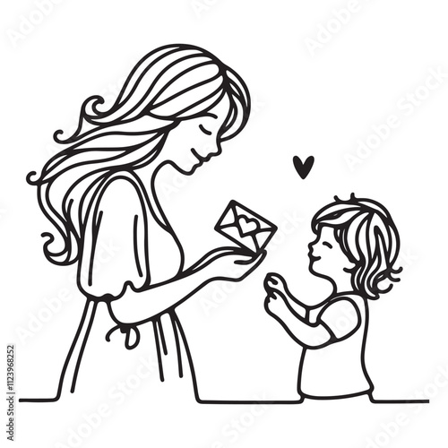 One continuous single drawing black line art doodle of a child presenting a handmade card to their mother on holiday