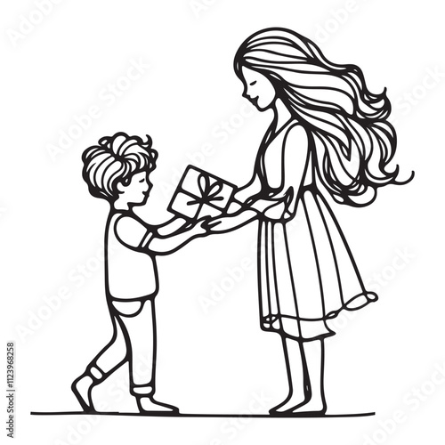 One continuous single drawing black line art doodle of a child presenting a handmade card to their mother on holiday