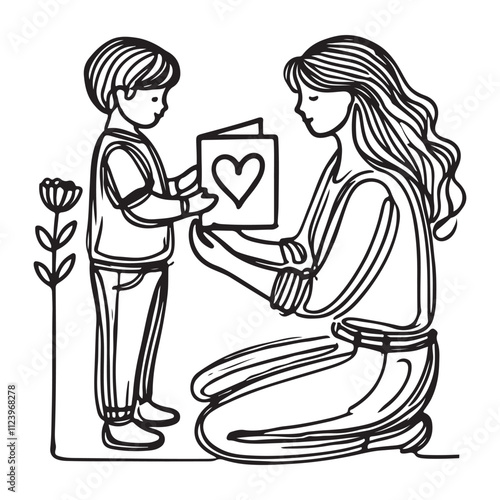 One continuous single drawing black line art doodle of a child presenting a handmade card to their mother on holiday