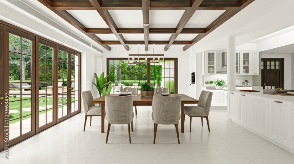 Fototapeta premium Spacious dining area showcases a wooden table, stylish chairs, and views of a lush garden through large windows