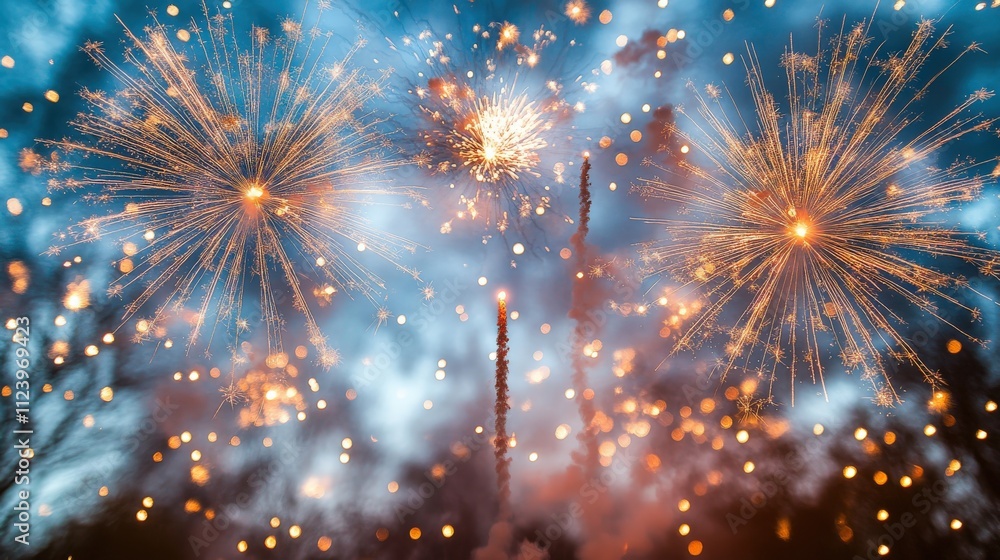 Fototapeta premium A vibrant display of fireworks lighting up the night sky, creating a festive atmosphere.