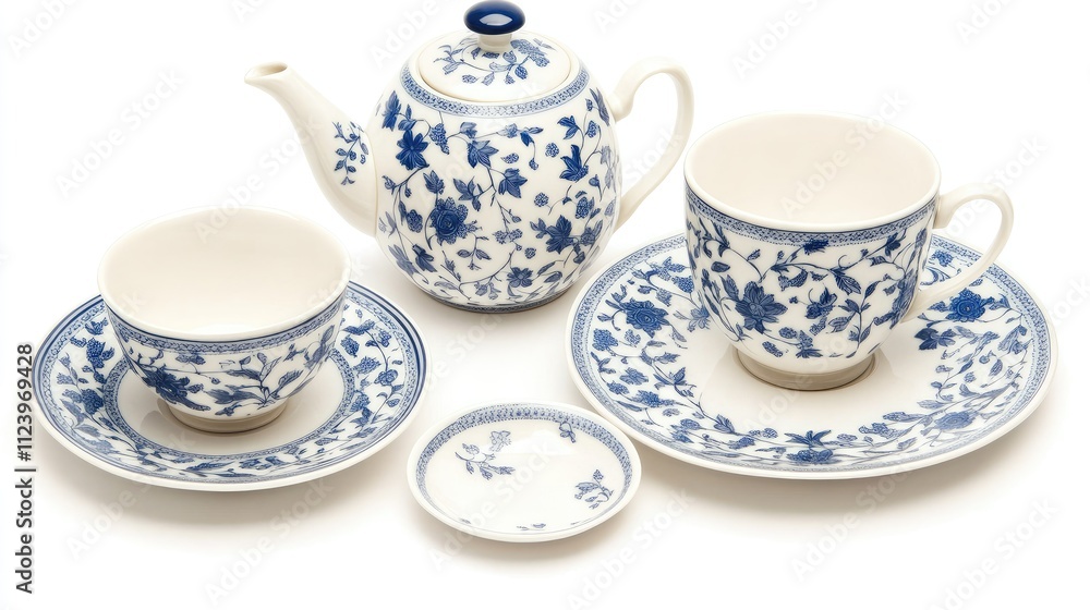 Fototapeta premium Elegant Blue and White Porcelain Tea Set Featuring Floral Patterns and Classic Design for Stylish Table Settings