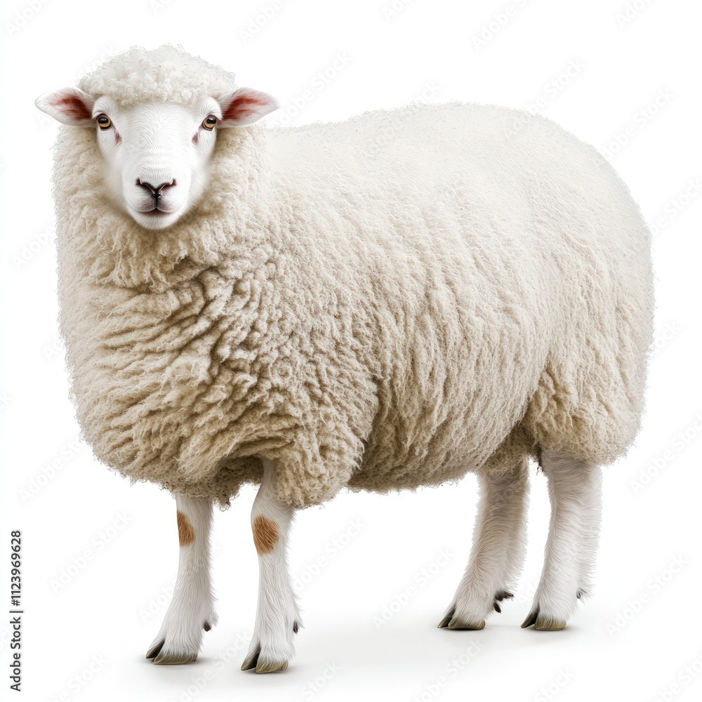 Naklejka premium Fluffy white sheep stands, isolated.