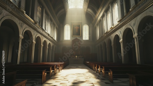 Interior of a Church with Columns and a Green Plant. photo