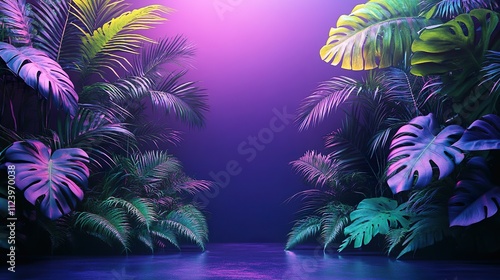 Fototapeta Naklejka Na Ścianę i Meble -  tropical monstera and ferns, neon purple glow, modern minimalistic studio background.