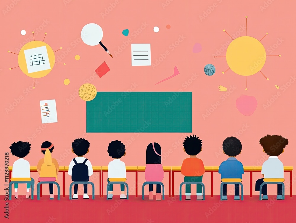 Obraz premium Diverse Classroom Illustration with Students Sitting, Engaging with Colorful Educational Graphics on Pink Background