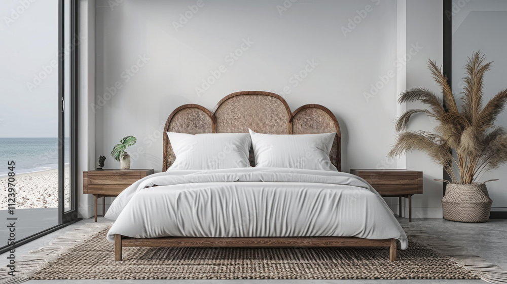 Fototapeta premium This minimalist bedroom showcases a wooden bed with white bedding, accented by ocean views through a large glass window