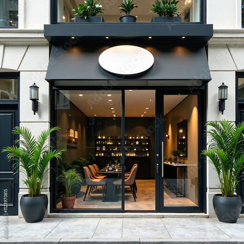 Elegant modern beauty salon exterior design with blank round sign and green plants- Generative Ai 