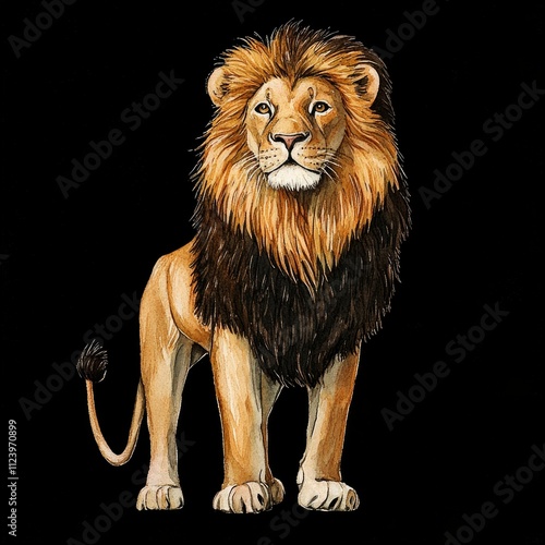 Watercolor Illustration of a Majestic Lion with a Black Background photo