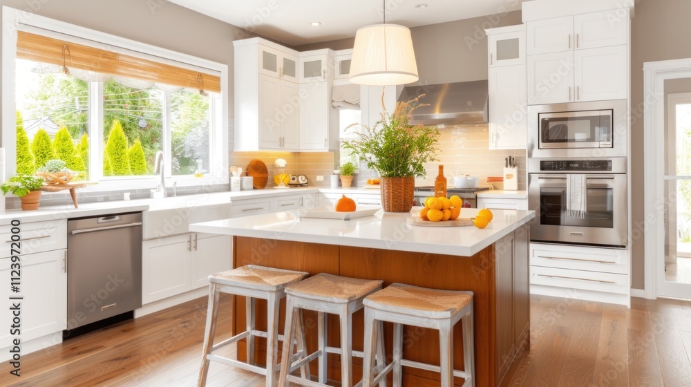 Fototapeta premium This classic kitchen showcases white cabinets and stainless steel appliances, featuring a spacious island with decor elements and natural light