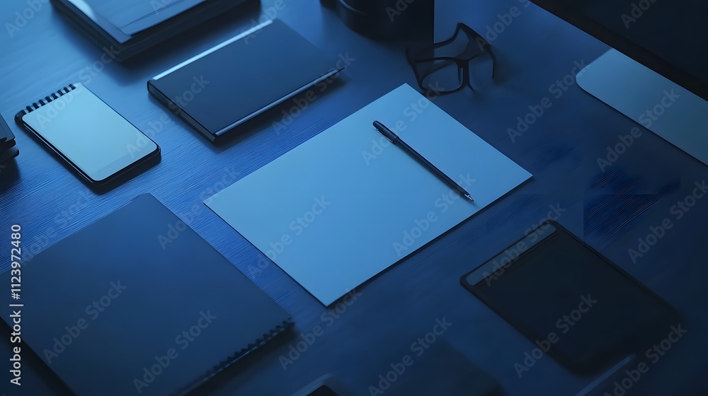 Fototapeta premium Blue Desk Workspace With Office Supplies And Technology