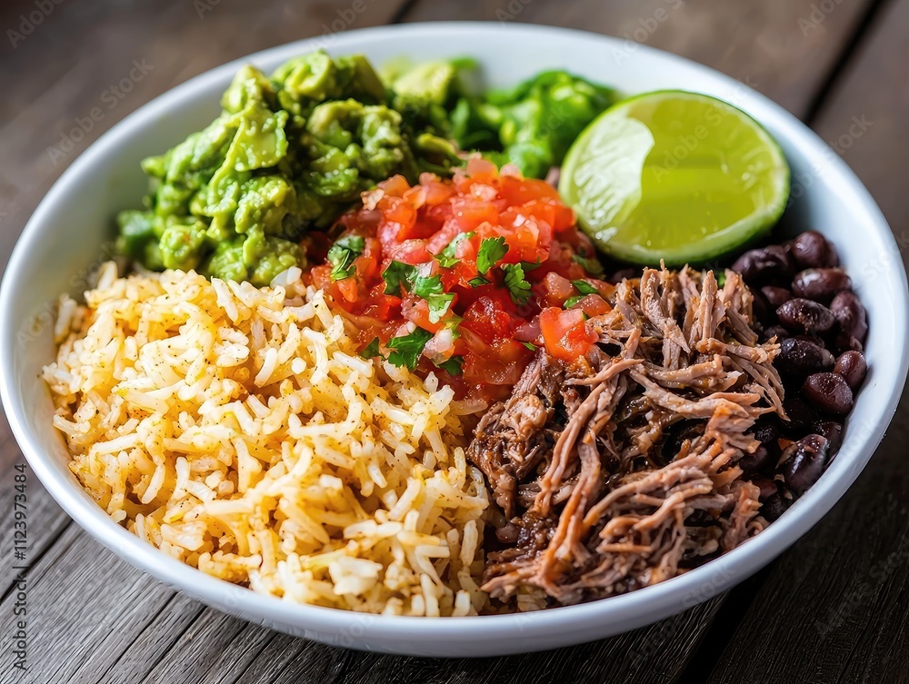 Colorful Mexican Bowl with Rice, Guacamole, Shredded Meat, Salsa, Lime, and Black Beans on Wooden Table Colorful Mexican Bowl with Rice, Guacamole, Shredded Meat, Salsa, Lime, and Black Beans on Wooden Table
