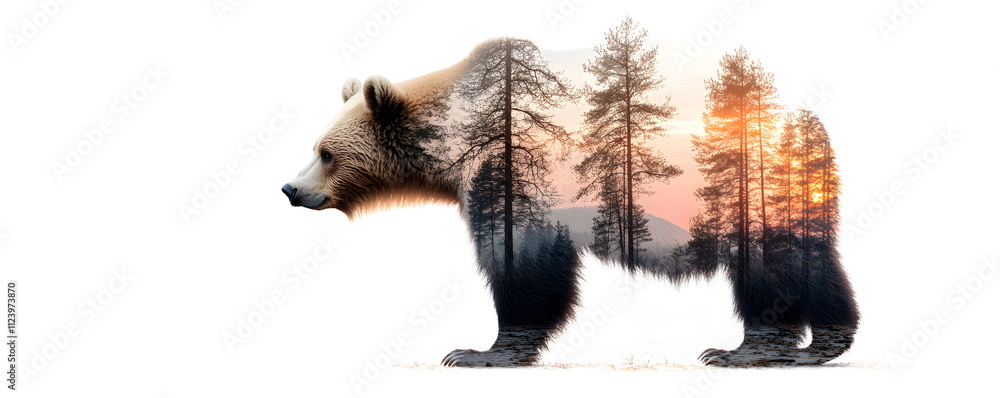 Obraz premium Portrait of a bear silhouette with a pine forest inside. Majestic silhouette of a European brown bear in double exposure against a lush forest landscape. In scarlet and dark blue tones