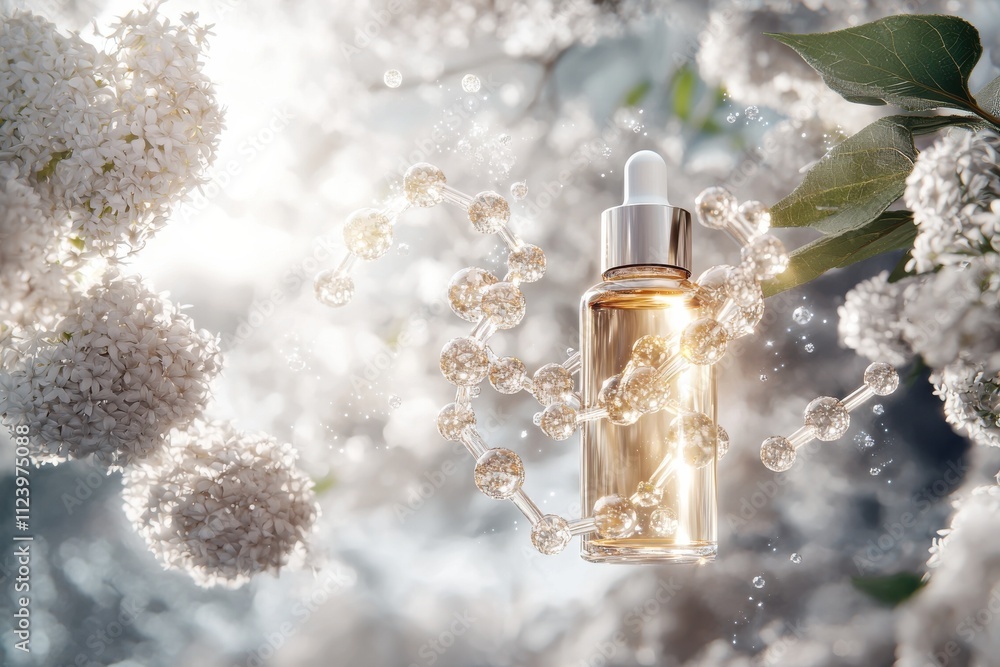 Fototapeta premium Glowing serum bottle with floating molecules botanical setting digital art nature macro shot beauty concept