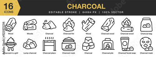 Charcoal icon set. Editable Stroke Icon Collection. Includes charcoal, burn, coal, wood, energy, smoke, and More. Outline icons vector collection.