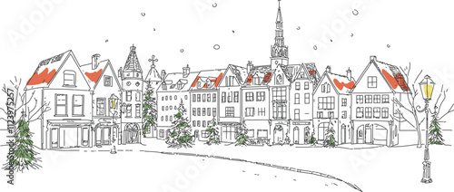 雪の降る外国の街並みの線画イラスト