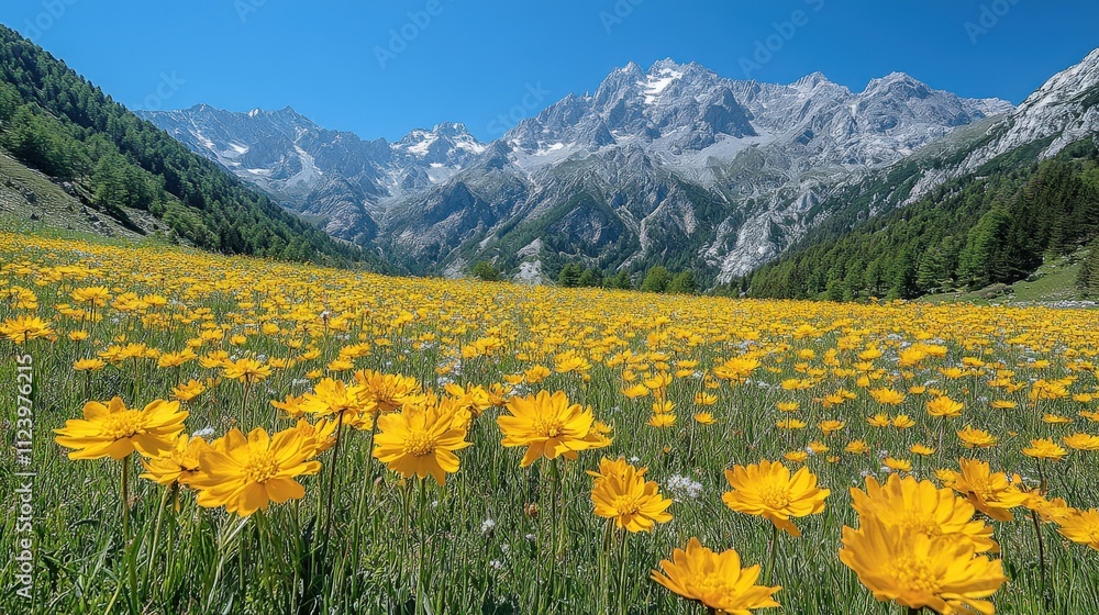 Fototapeta premium A vibrant field of yellow flowers set against majestic mountains under a clear blue sky.