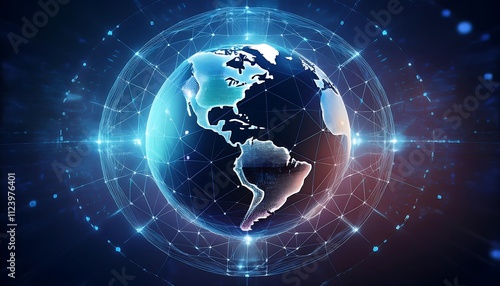 Glowing digital globe with network grid, visualizing global communication and data flow.