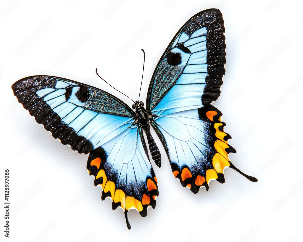 Obraz premium A vibrant butterfly with stunning blue and orange patterns, showcasing its delicate wings against a white background.