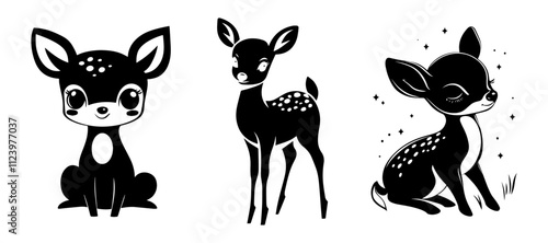 Set of 3 Cute Black Deer Silhouettes, Baby Deer Clipart