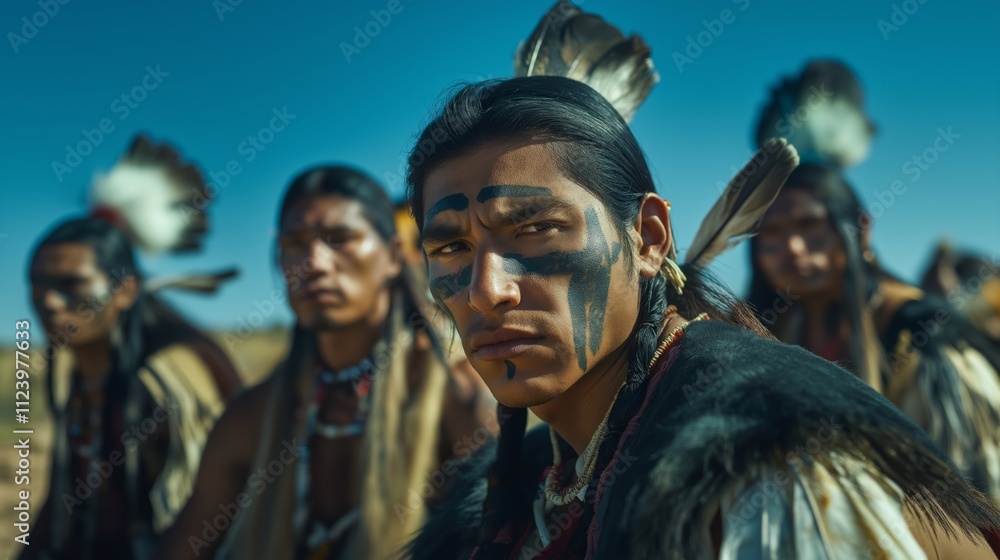 Obraz premium Portrait of Indigenous Men in Traditional Attire and Face Paint Under a Clear Blue Sky