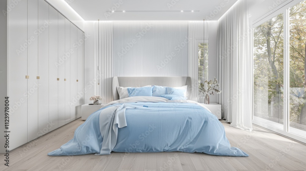 Obraz premium A spacious bedroom showcases a soft blue color scheme with natural light flooding in from large windows, creating a serene atmosphere