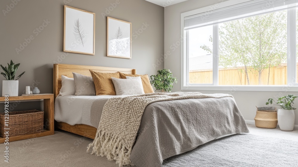 Fototapeta premium Cozy bedroom designed with a wooden bed, soft textiles, and plants, creating a serene atmosphere filled with natural light