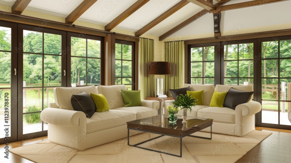 Fototapeta premium Bright living room features comfortable sofas and a coffee table, offering a view of lush trees and nature outside