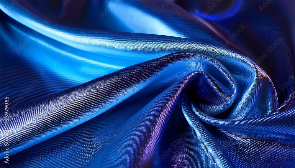 Fototapeta premium Iridescent fabric illuminated by blue neon lights, showcasing a silky texture and vibrant background.
