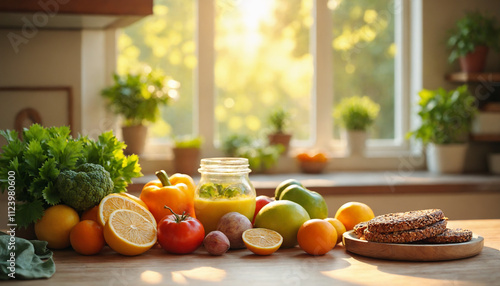 Assorted fresh fruits and vegetables with a jar of juice on a kitchen counter bathed in sunlight with copy space photo