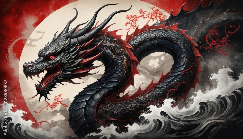 Obraz premium Black Dragon with Red Markings