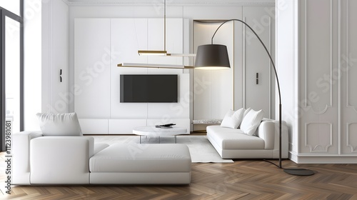 White sofa and black coffee table against white wall 