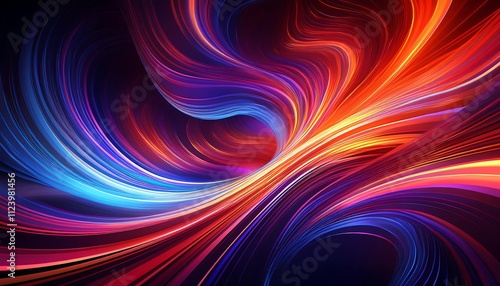 Vivid, flowing lines of light in red, orange, blue, and purple swirl and intersect against a dark background.