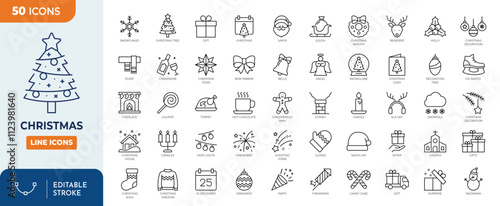 Christmas line editable icon set. contains such icons as Santa Claus, Christmas, Gift, Reindeer, Christmas Tree, Snowflake, and more. Vector illustration