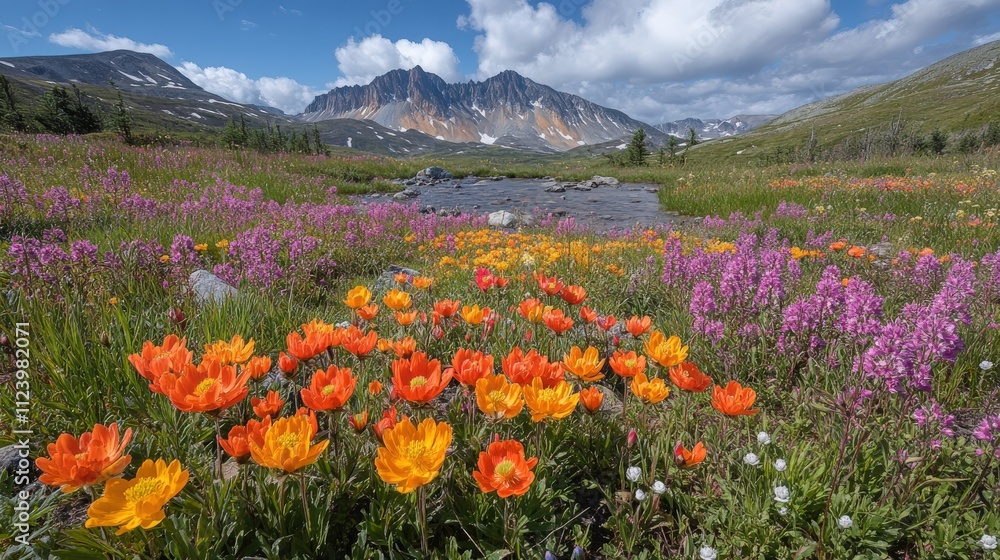 Fototapeta premium A vibrant landscape filled with colorful wildflowers, a stream, and majestic mountains in the background.