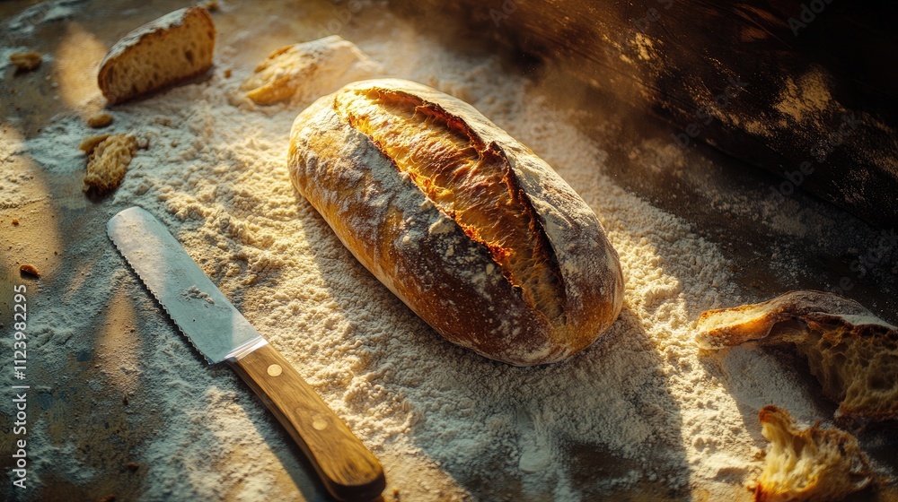 Freshly baked artisan bread loaf on floured surface, sliced pieces nearby, knife. Freshly baked artisan bread loaf on floured surface, sliced pieces nearby, knife.