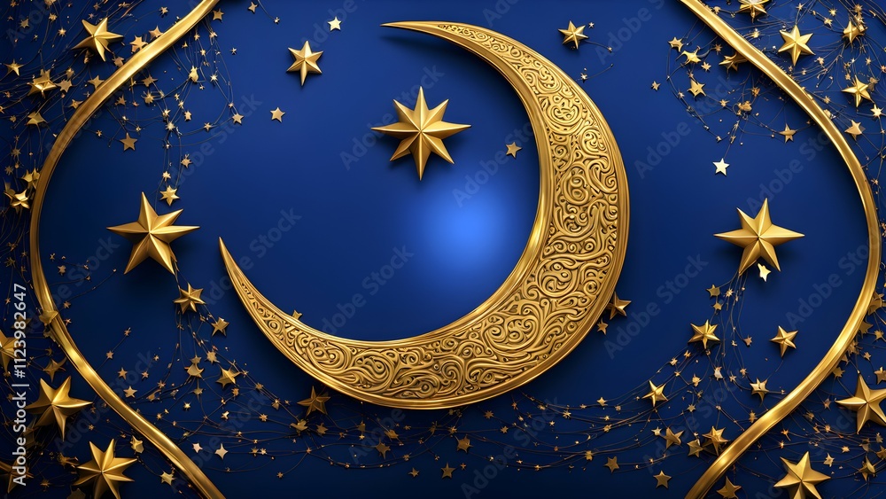 Naklejka premium A decorative design featuring a golden crescent moon and stars on a deep blue background.